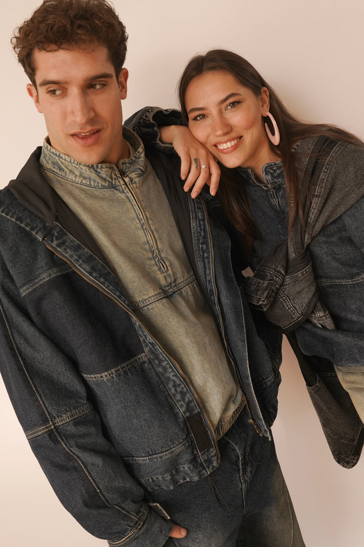 Hooded Trucker Jacket in Navy Blue