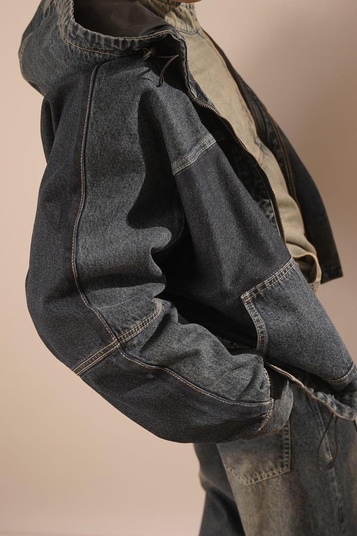 Hooded Trucker Jacket in Navy Blue