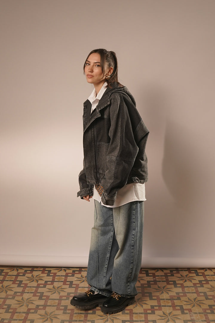 Hooded Trucker Jacket in Midnight Black