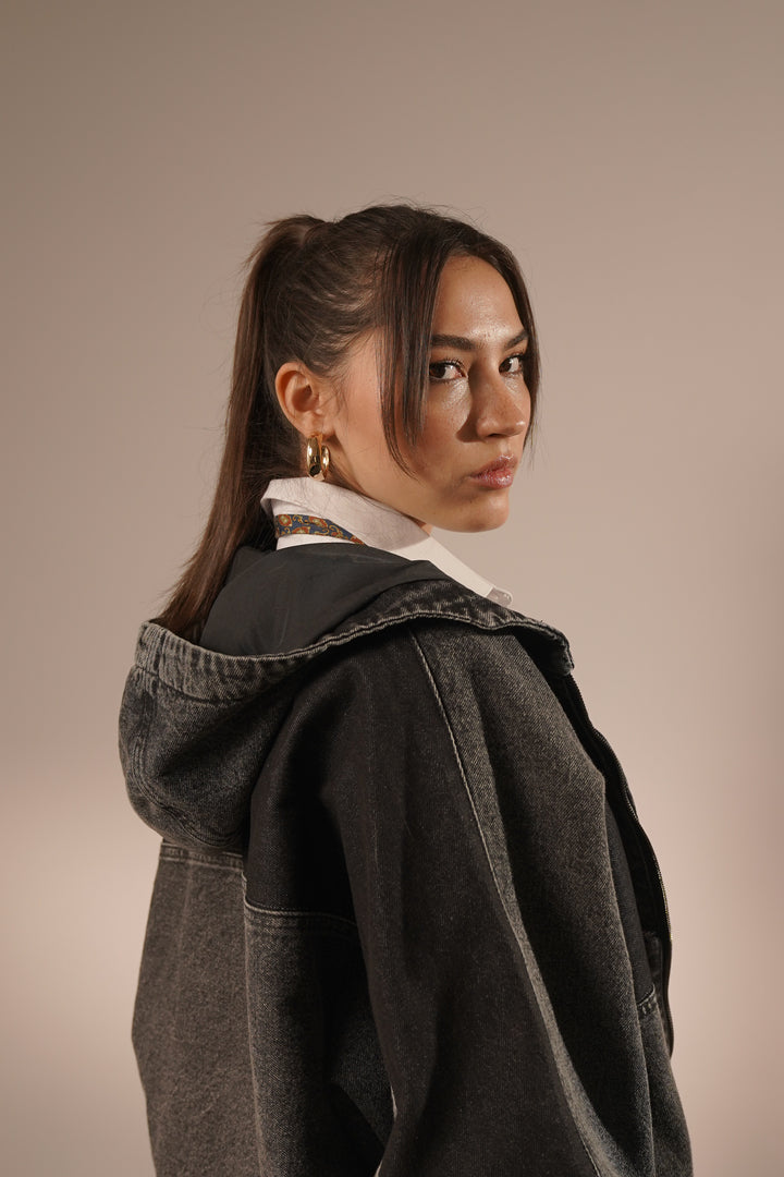 Hooded Trucker Jacket in Midnight Black