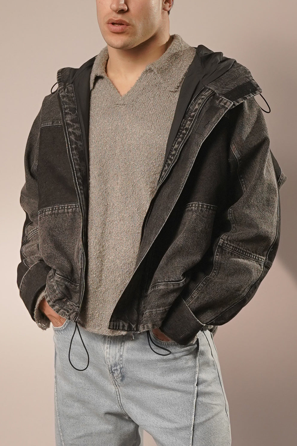 Hooded Trucker Jacket in Midnight Black