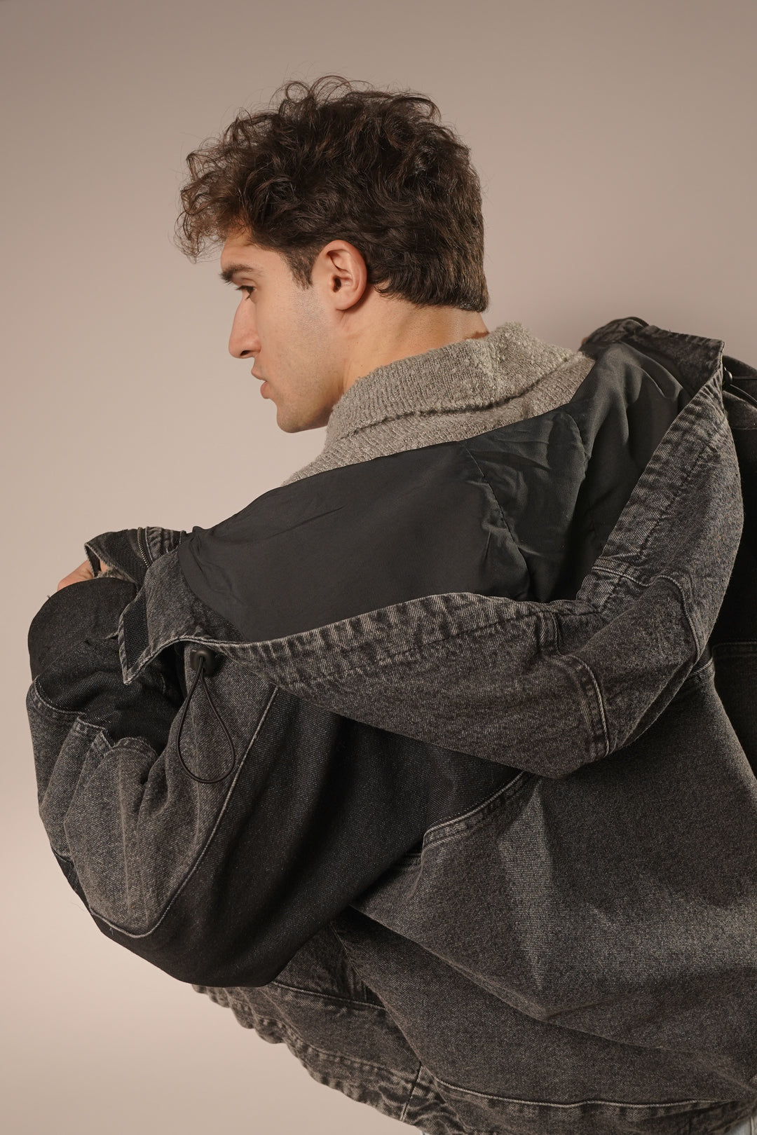 Hooded Trucker Jacket in Midnight Black