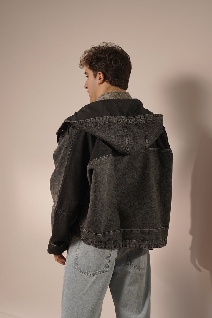 Hooded Trucker Jacket in Midnight Black