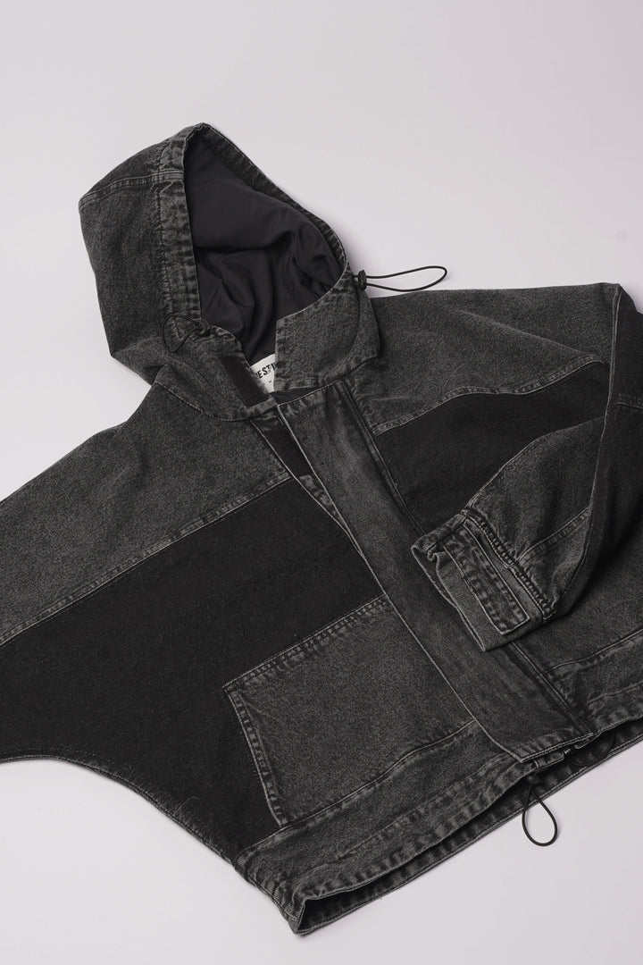 Hooded Trucker Jacket in Midnight Black
